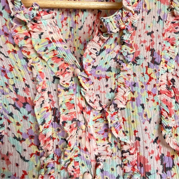 Rebecca Taylor | Silk & Cotton Pink Speckled Ruffle Ruched Blouse - Size 2 - Picture 7 of 14